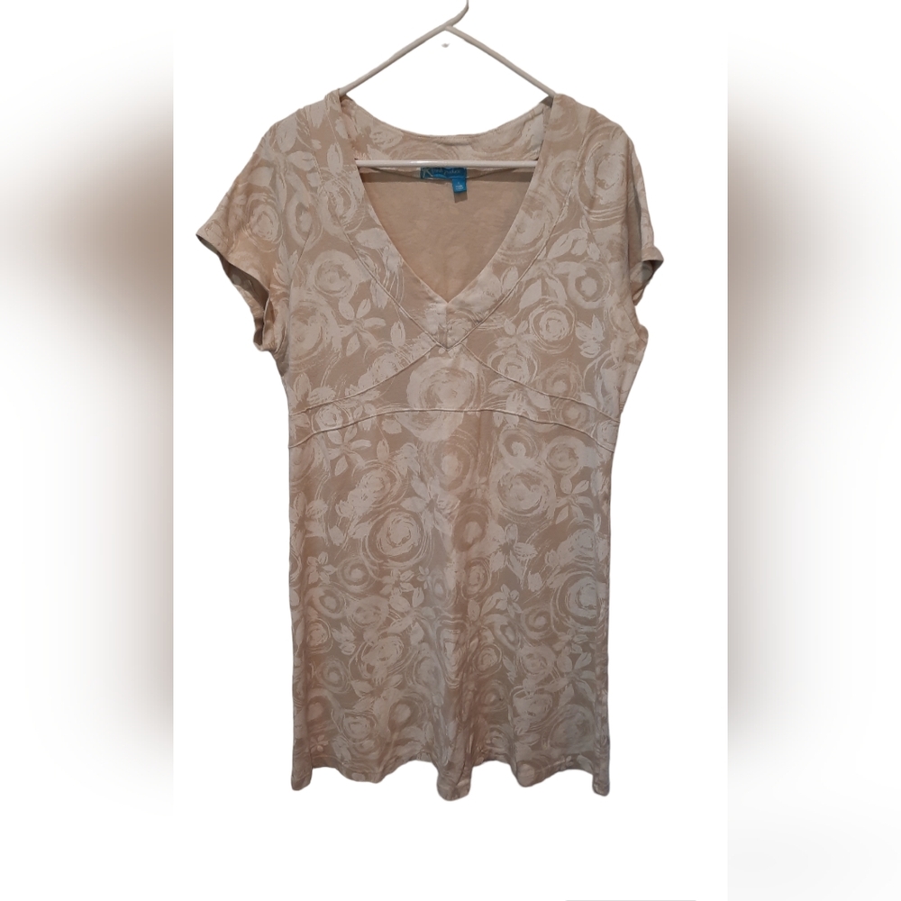 Fresh Produce Dress Womans Large Tan Cream Floral Bohemian Hippie Classic